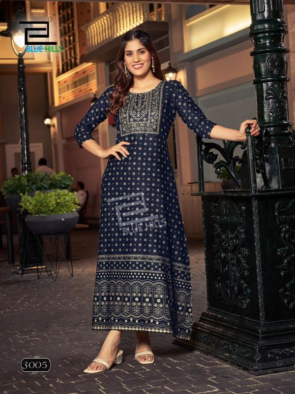 Blue Hills Reels Vol 03 Rayon Foil Printed Long Kurti Collection